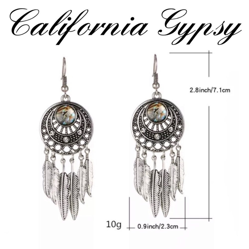 Silver Abalone Feather Bohemian Earrings - Picture 6 of 9